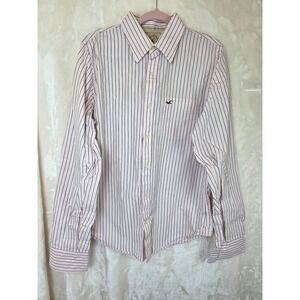 Hollister Mens XL Pink Navy Blue Striped Long Sleeve‎ Button Down Cotton Shirt